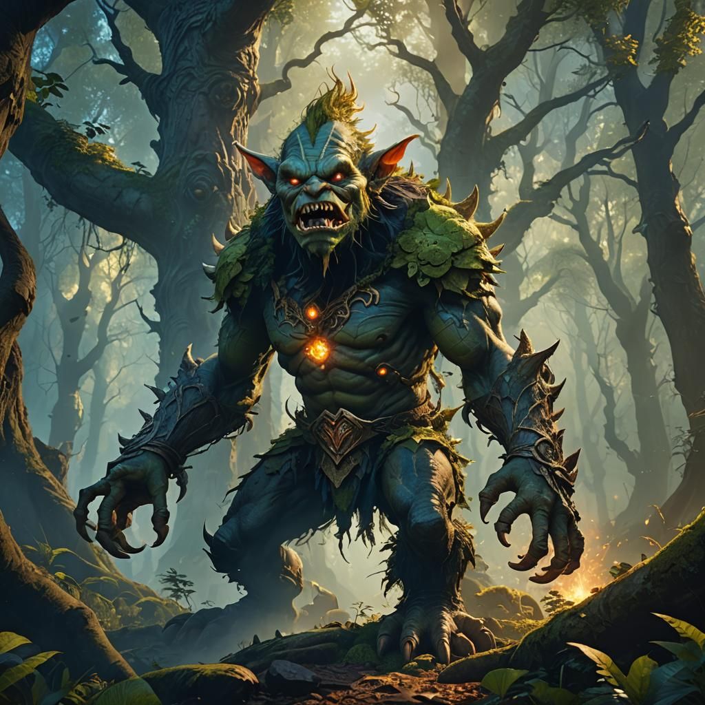 Giant Goblin Roaring in Mystical Forest