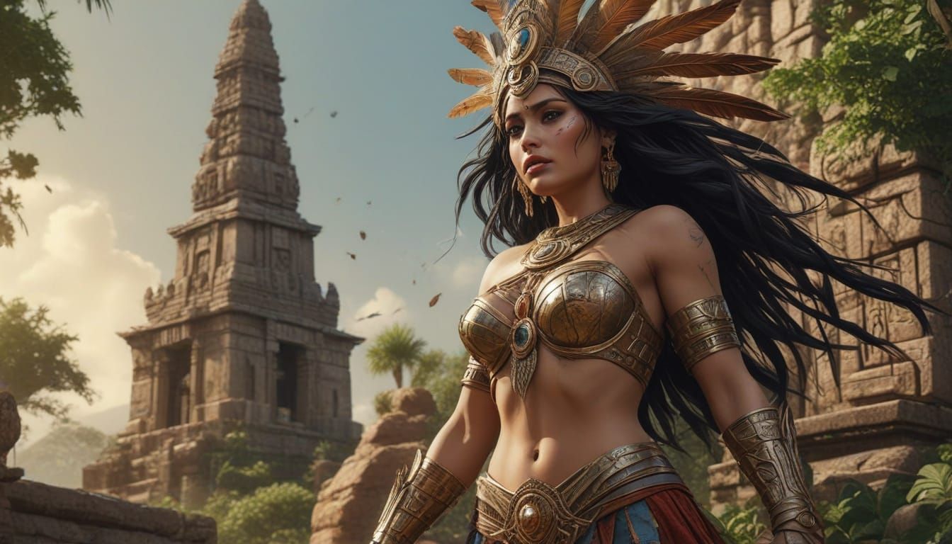 Aztec Goddess Selma Hayek Amidst Ancient Temple Splendor