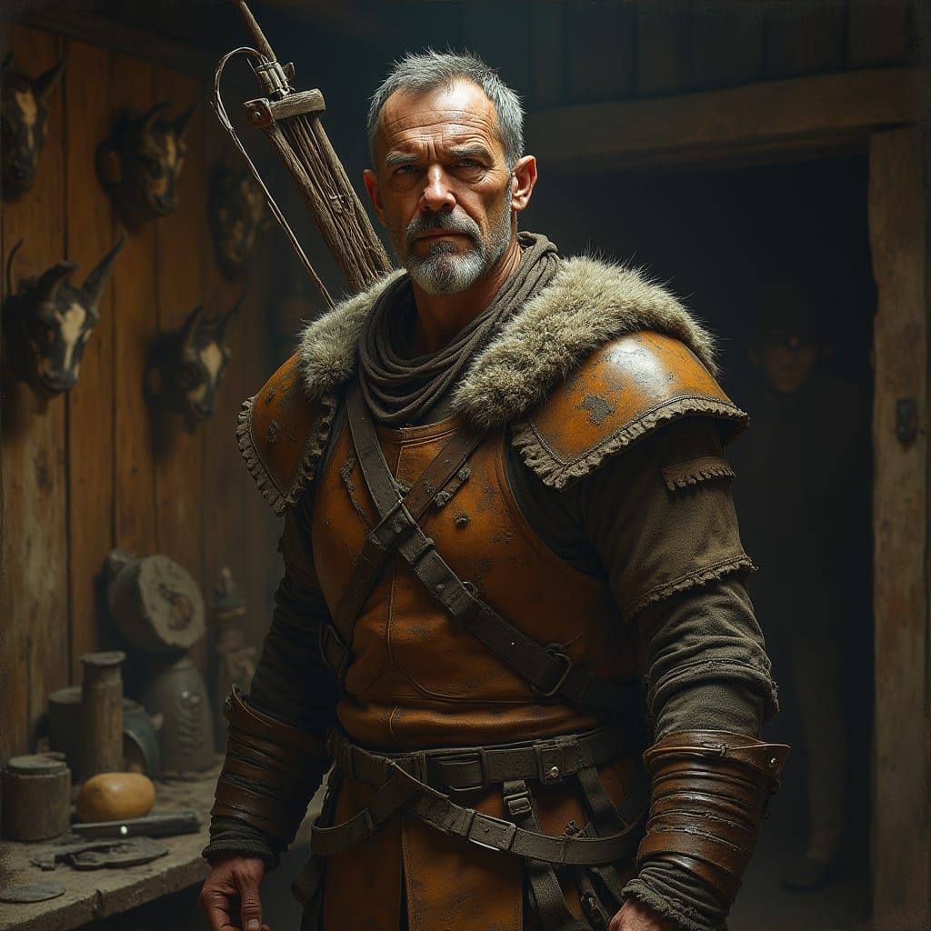 Rugged Veteran Hunter in Earth-Toned Armor