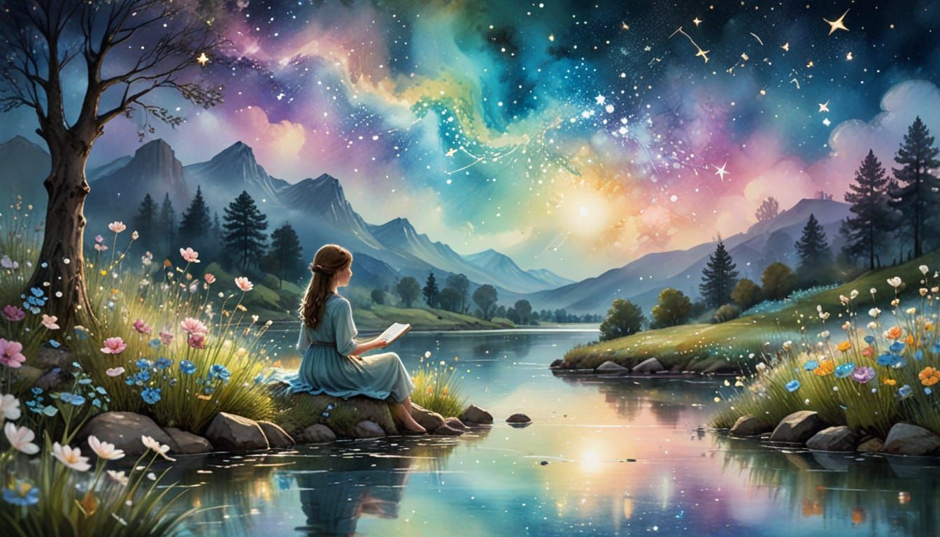 Whimsical Pond Scene in Watercolor Alcohol Ink Style