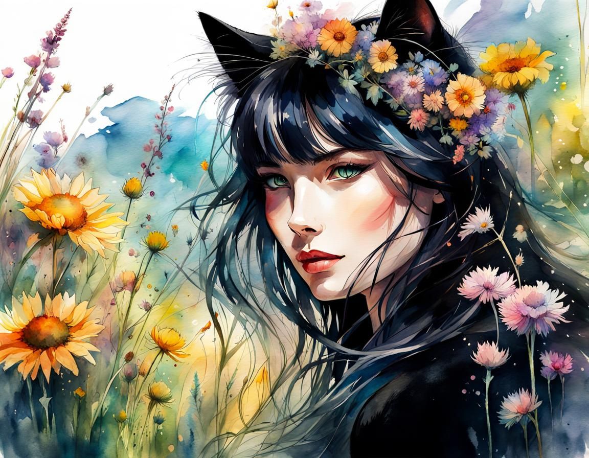 Beautiful Black Cat in Summer, Digital Watercolor