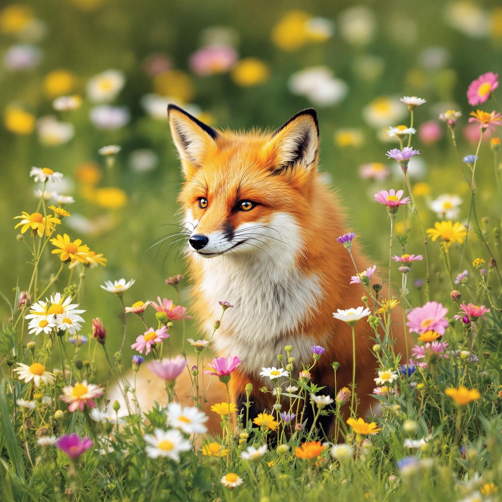 Vibrant Red Fox Surrounded by Wildflowers