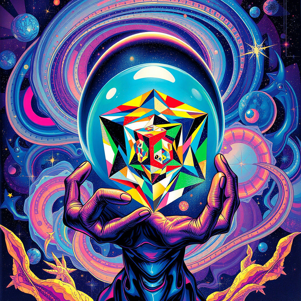 Cosmic Alien Cradles Fractal Cube in Dome