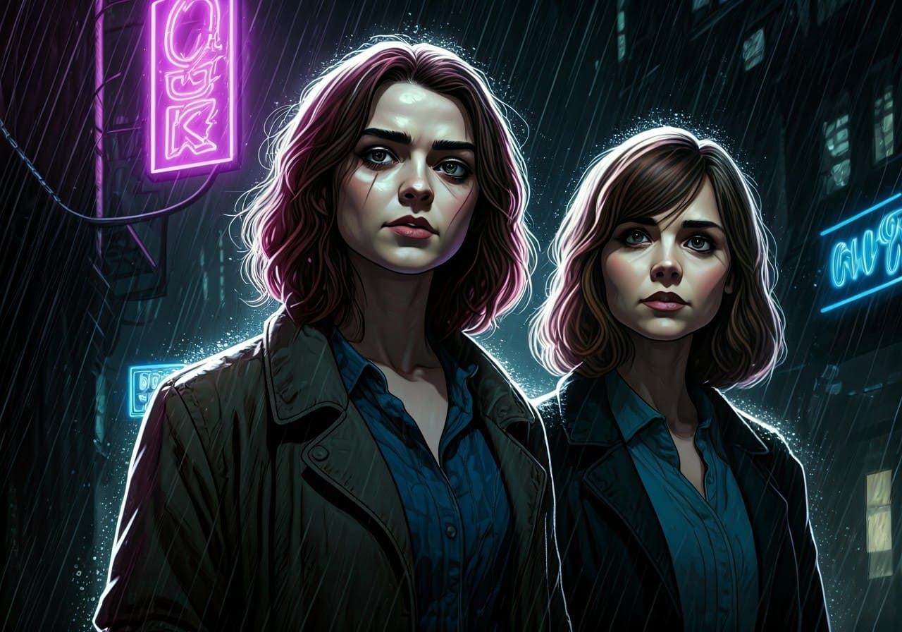 Neo-Noir Detectives in Cyberpunk Cityscape