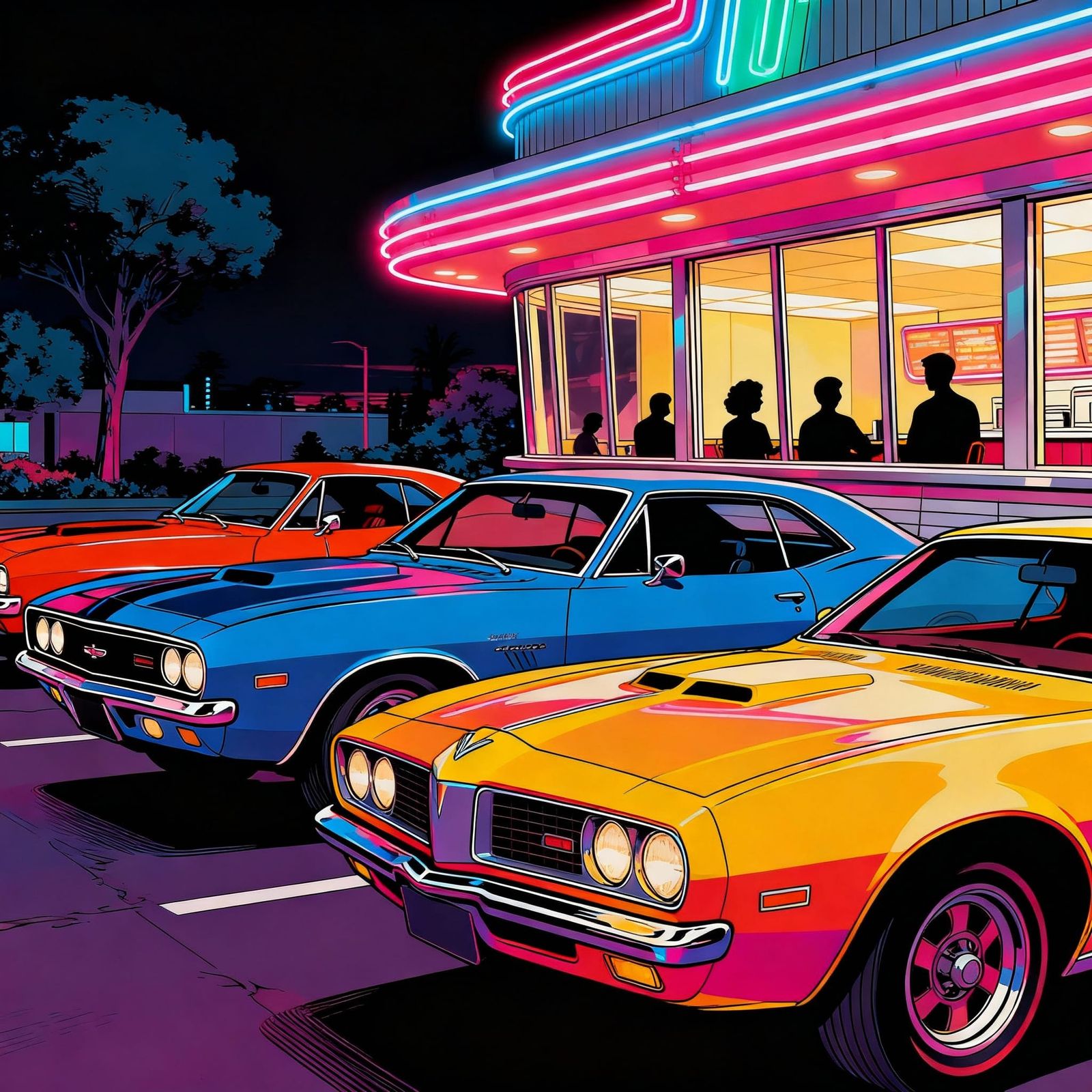 Muscle Cars at Retro Diner in Retro-Futuristic Style