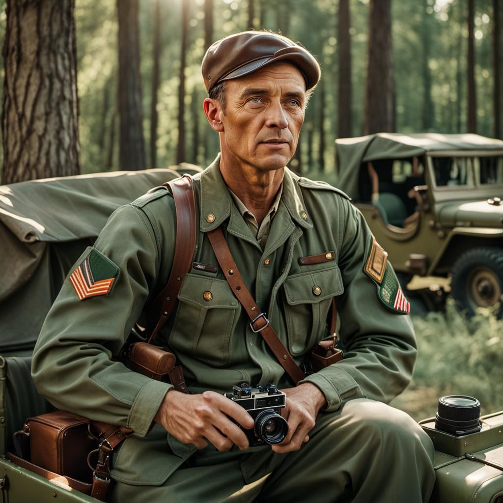 WWII Soldier in Jeep, Retro Photography Style
