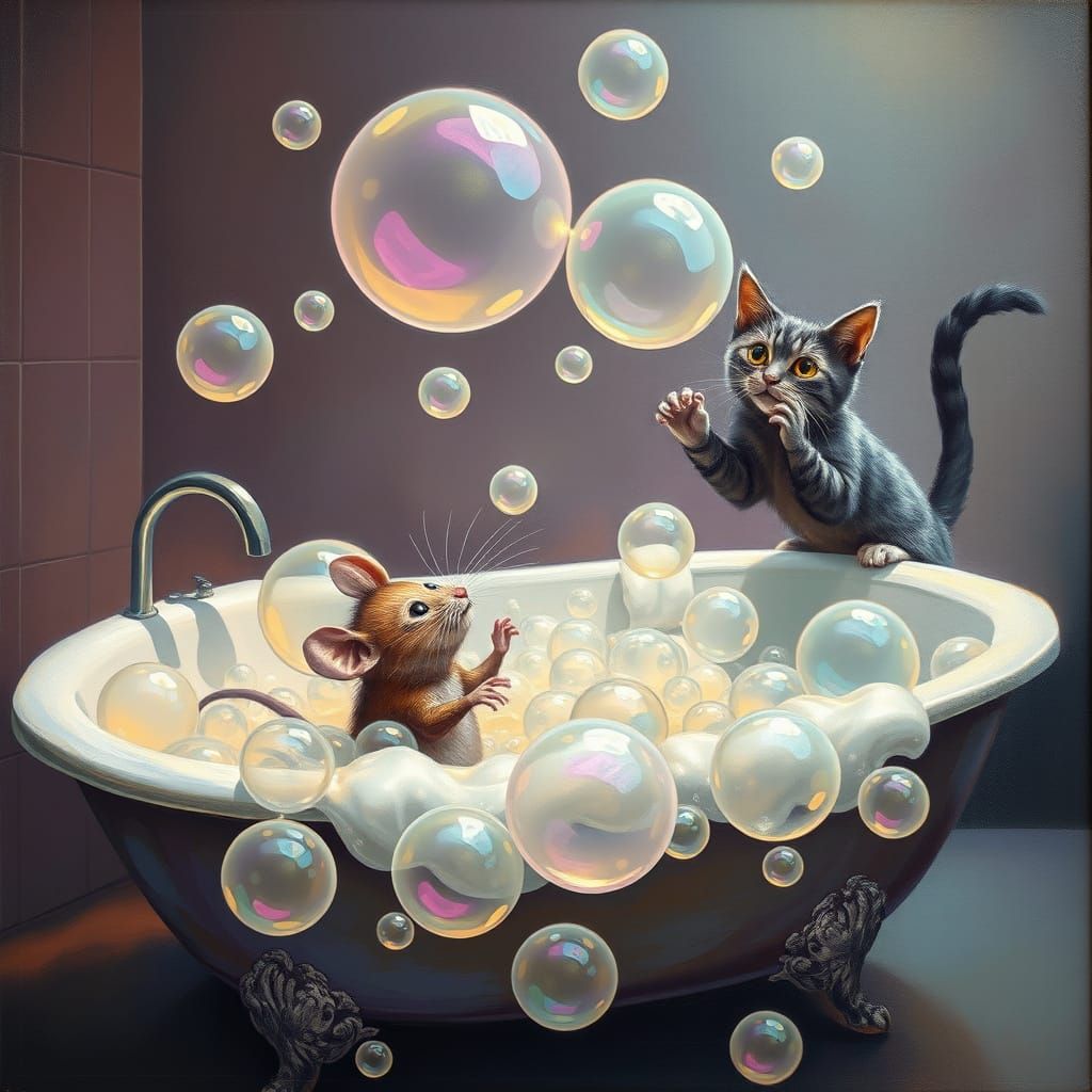 Mouse and Cat in Surreal Bubble Bath