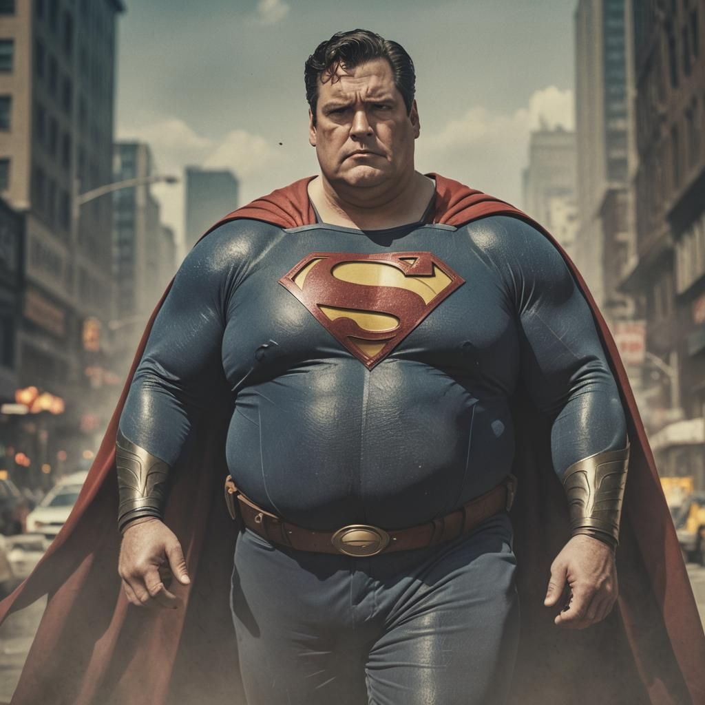 Obese Mature Superman in Cinematic Film Still