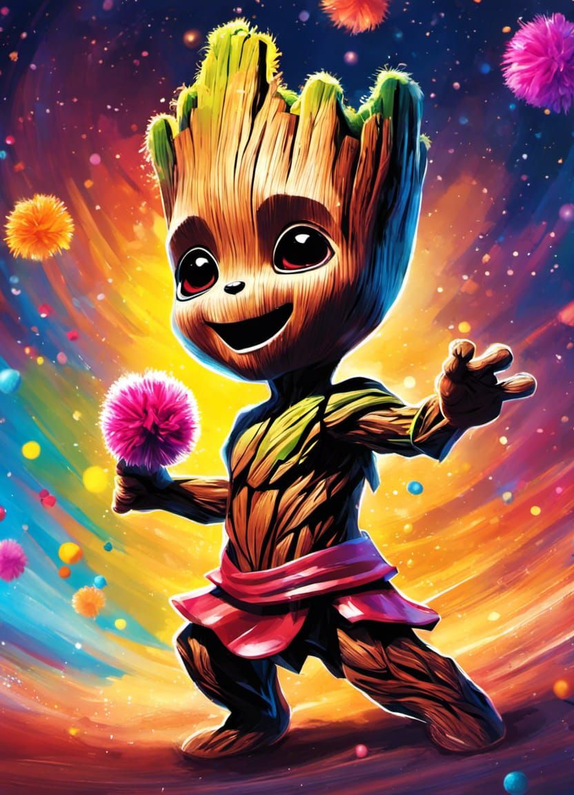 Baby Groot Cheerleader in Cosmic Splash Art
