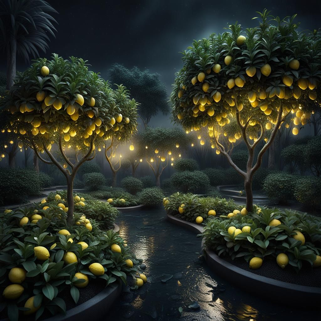 Night Garden with Lemon Trees: 3D Render