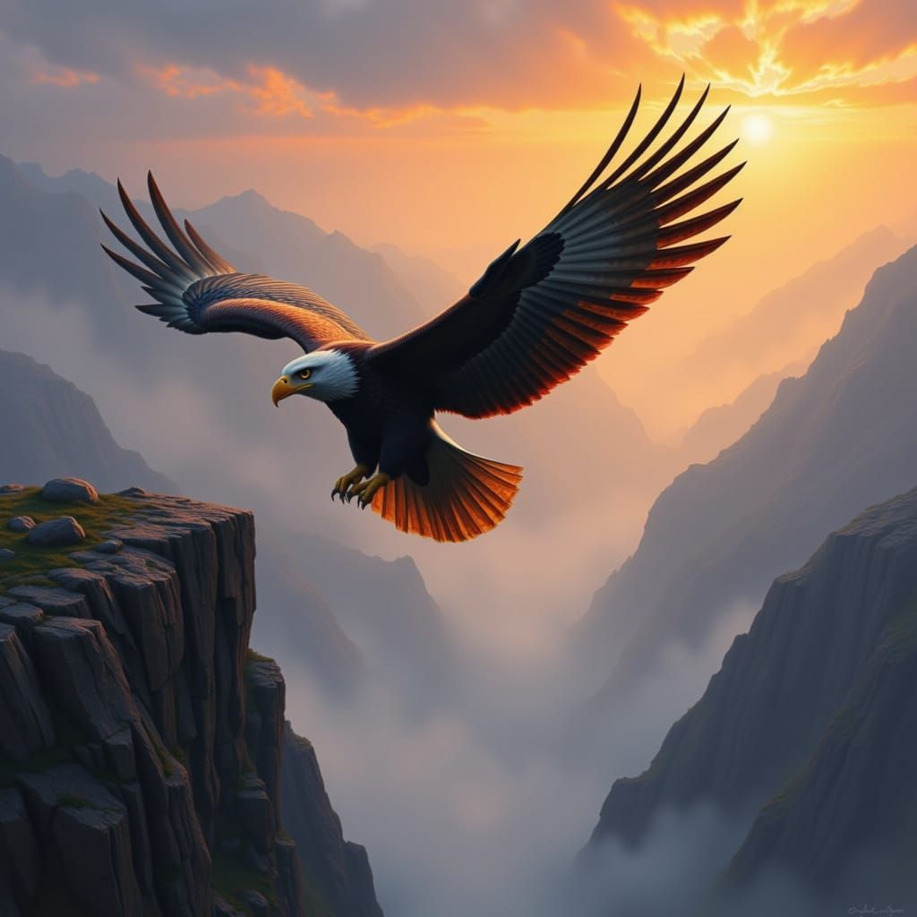 Majestic Eagle with Human Eyes on Misty Cliff at Sunrise