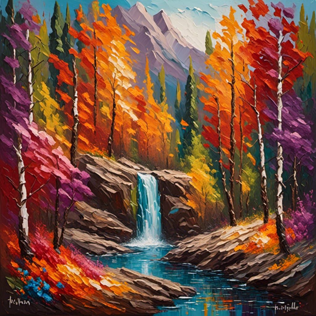 A magical forest landscape, with a majestic waterfall