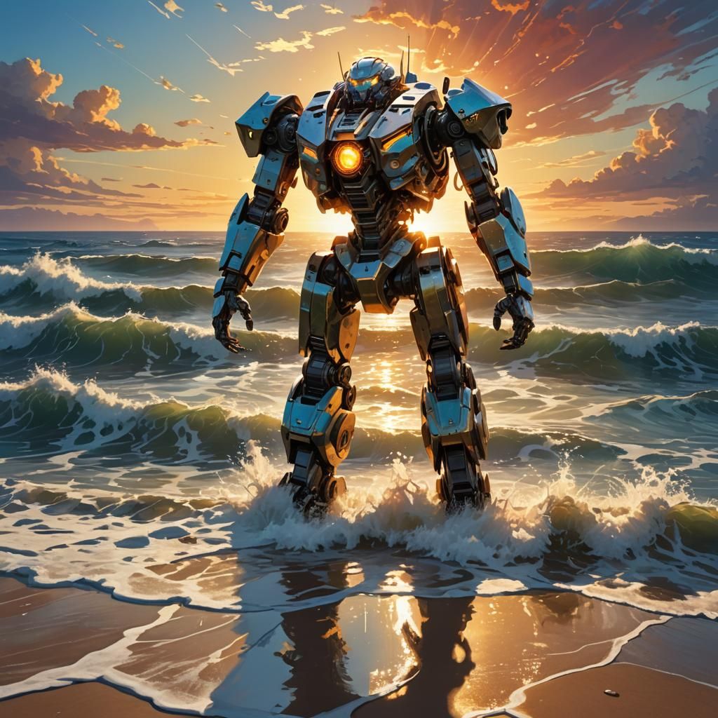 Sci-Fi Mech Warrior Stands at Ocean's Edge