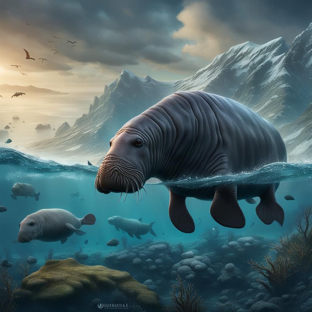 Steller's Sea Cow in Aleutian Islands: Fantasy Art
