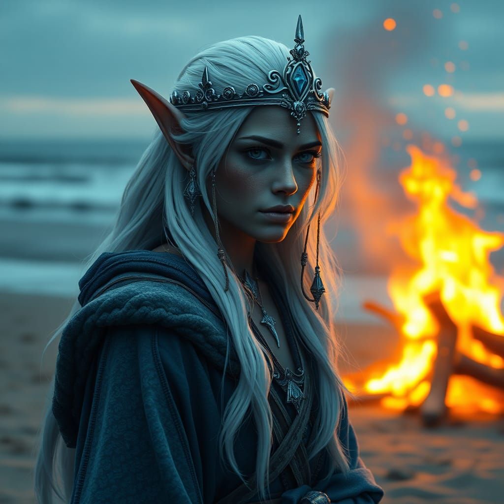 Wood-Elf on Bonfire as Fantasy Concept Art