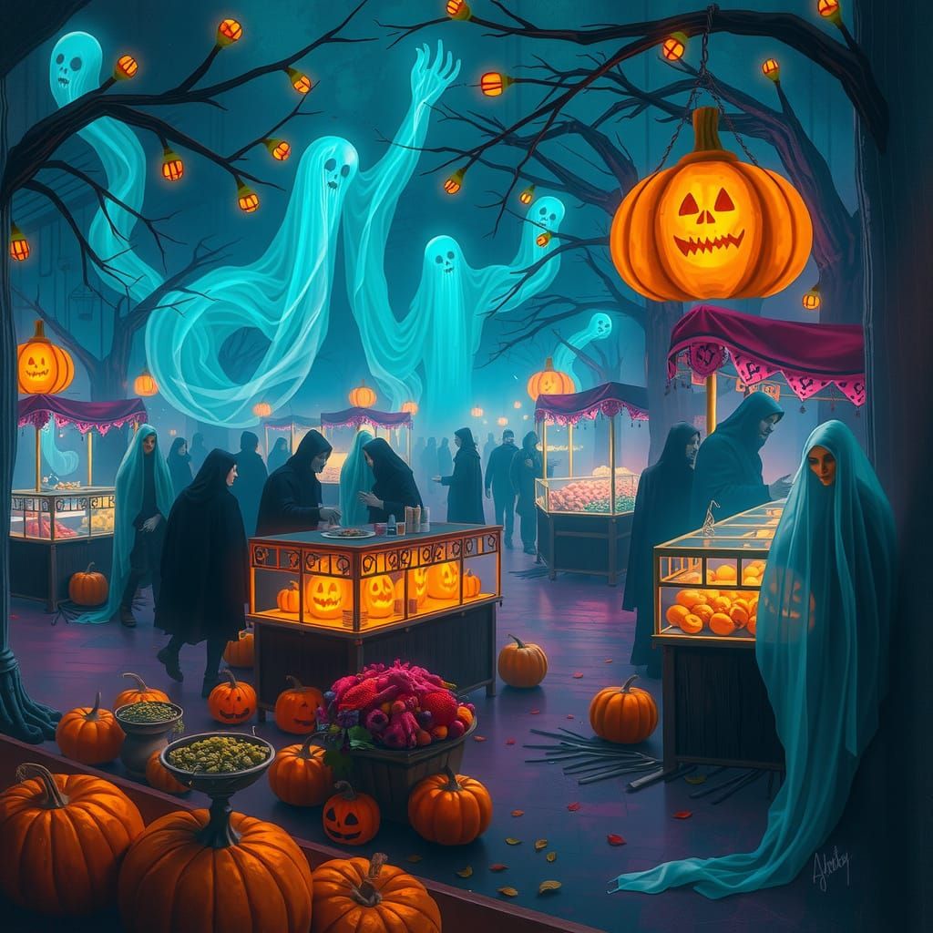 Ghost Harvest Festival of Ethereal Figures and Glowing Pumpk...