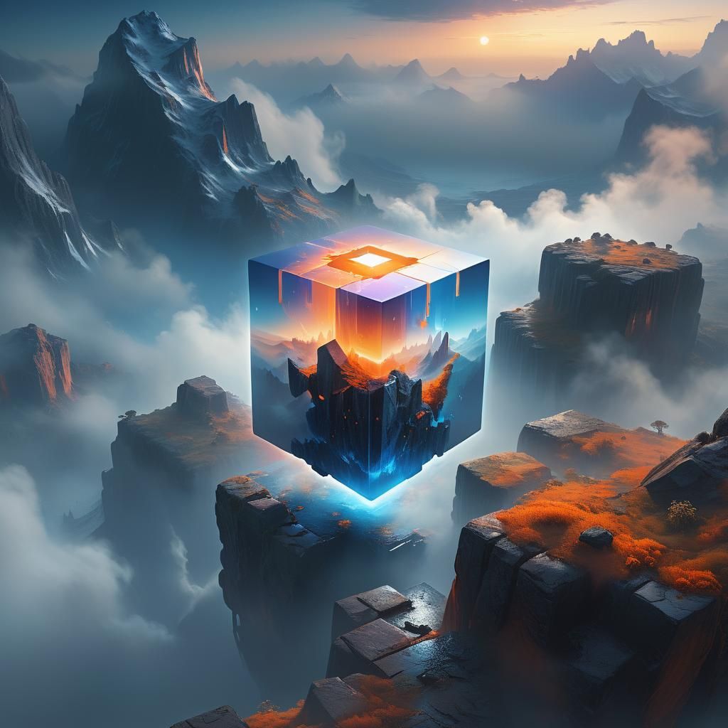 Levitating Cube in a Misty Landscape: Digital Matte Painting