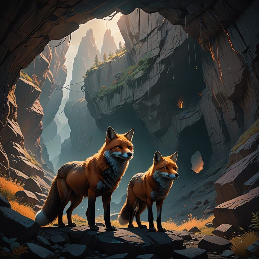 Majestic Fox and Battle-Scarred Wolf in Mystical Cave