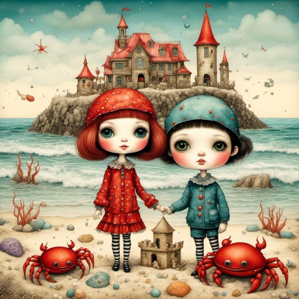 Children Building Sandcastle on Beach, Chibi Illustration