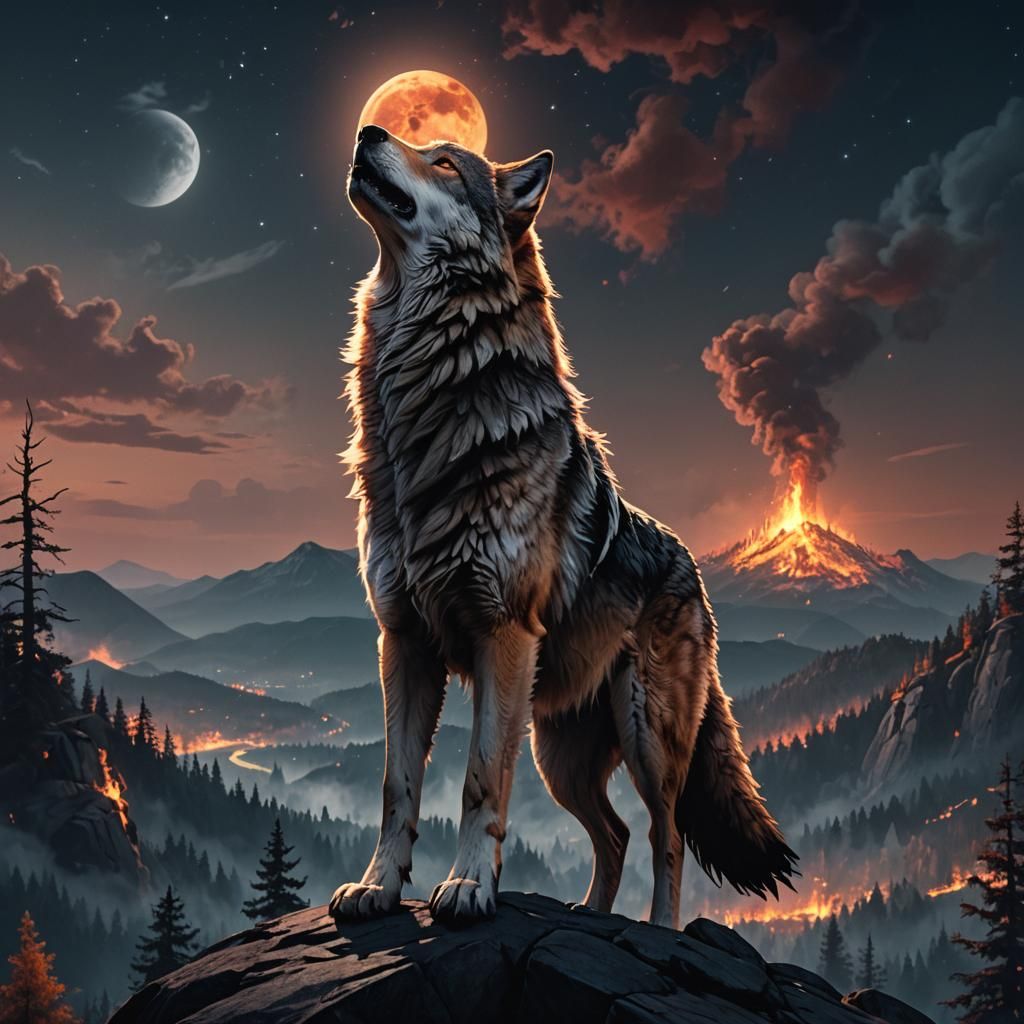 Lone Wolf Howling at Burning Forest, Matte Painting