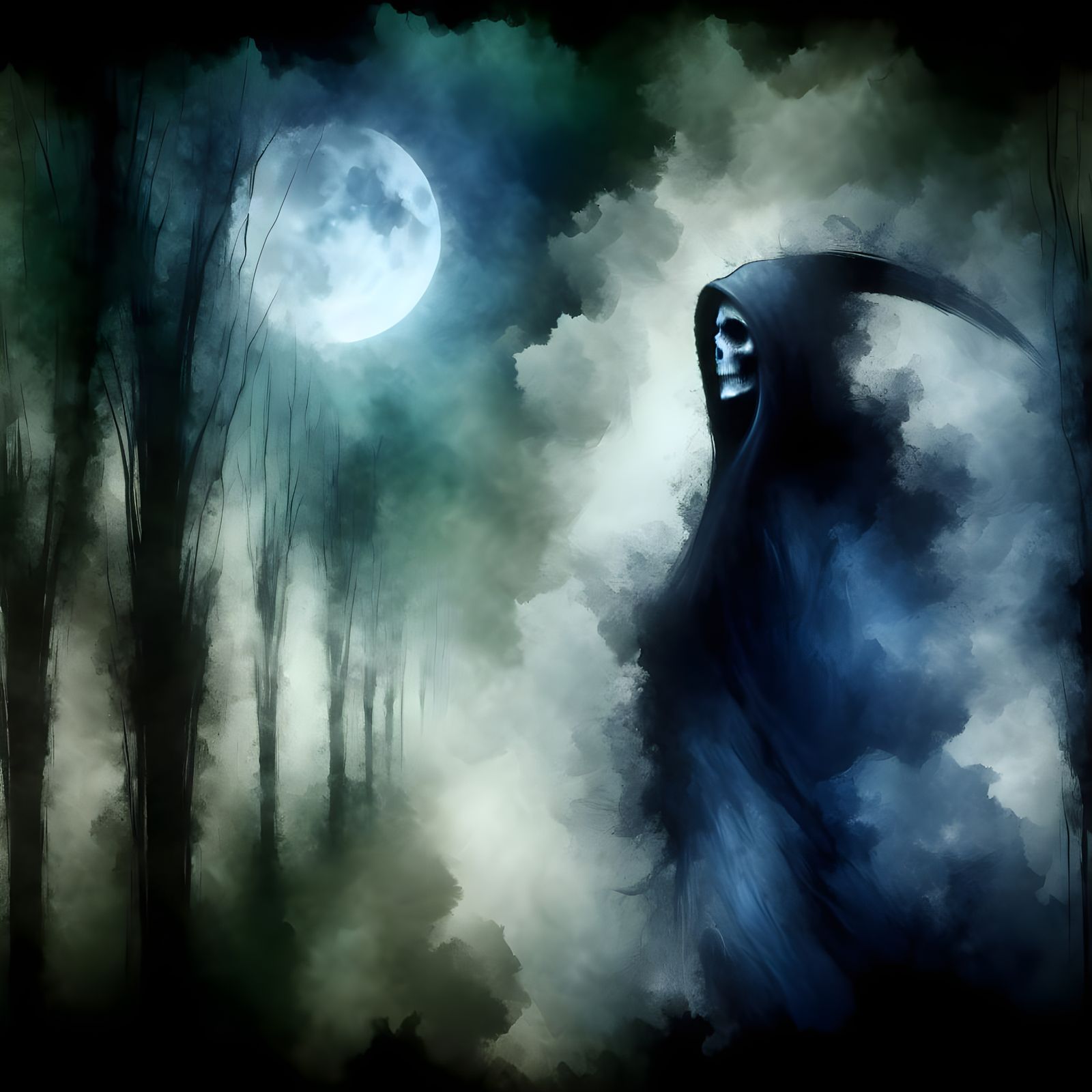 Grim Reaper in Forest, Watercolor Style