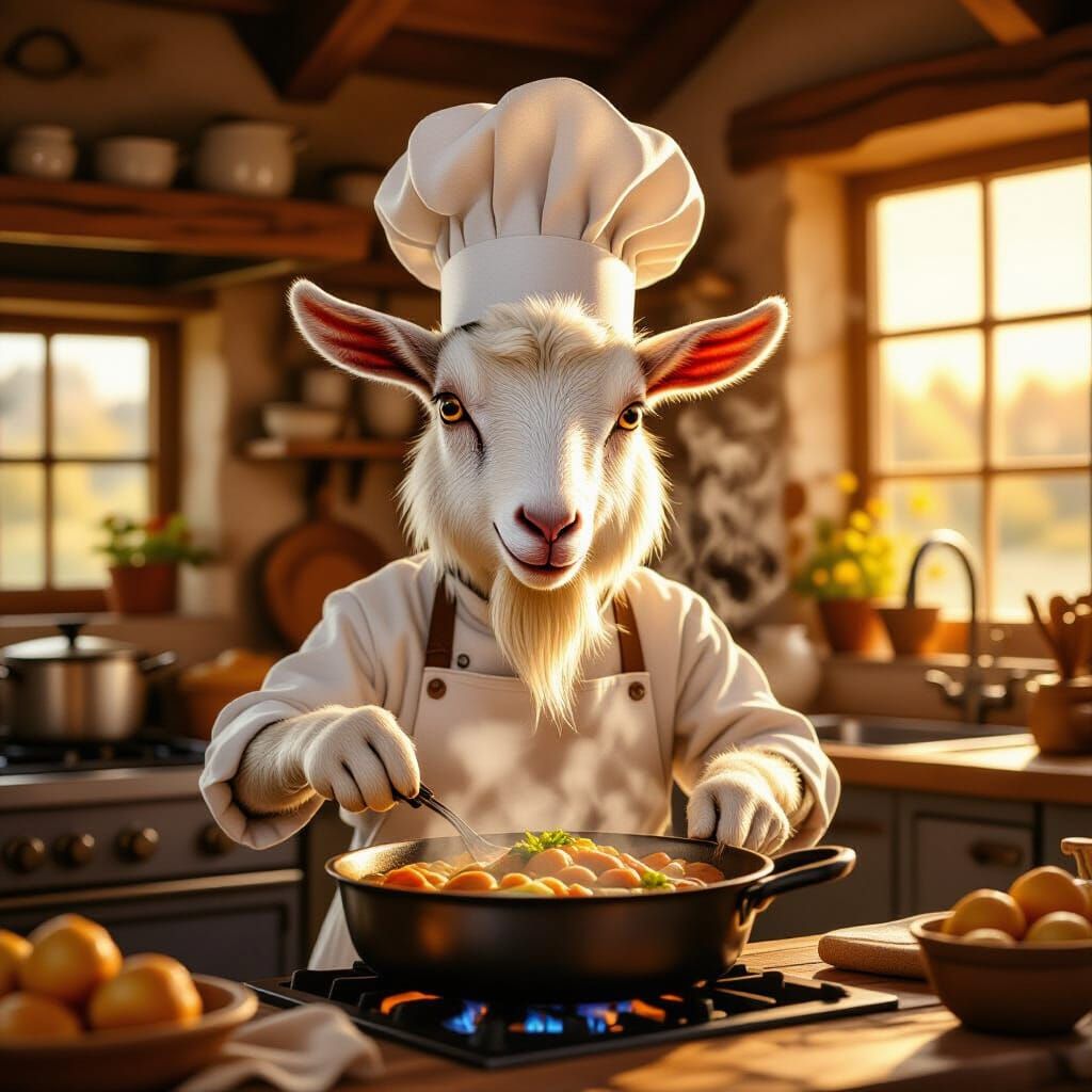 Goat Chef Cooking Dinner in Rustic Kitchen Storybook Style