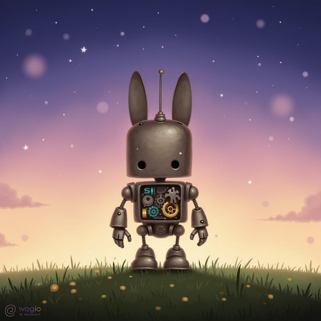 Whimsical Rabbit Robot in Twilight Meadow Digital Art