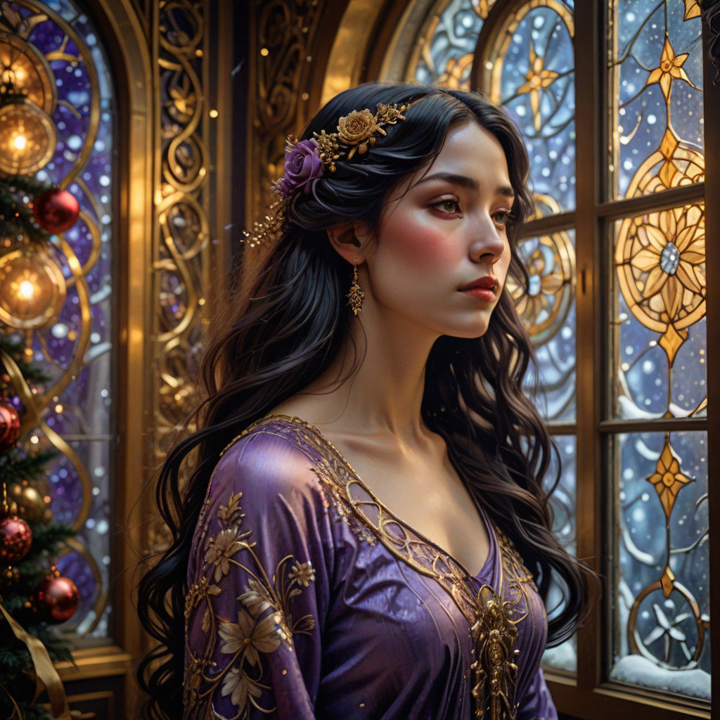 Elegant Art Nouveau Christmas Scene with a Young Girl in a L...