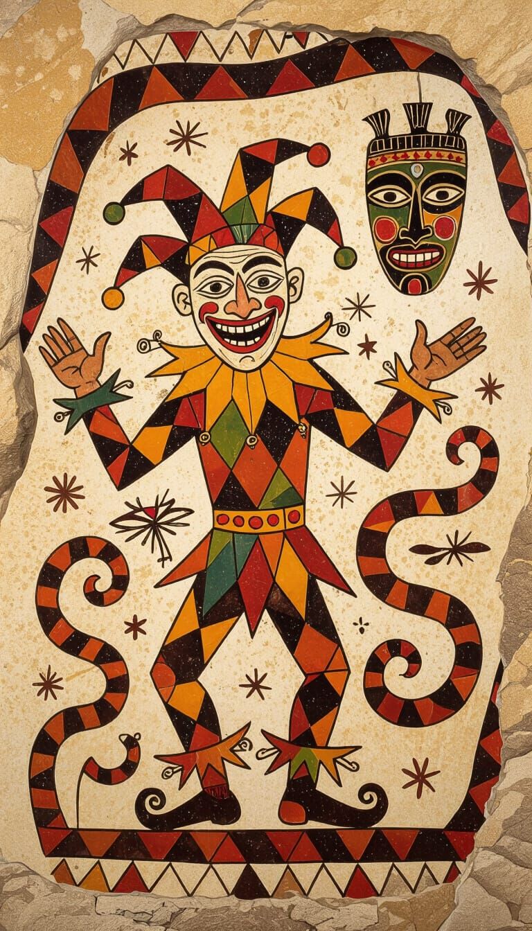 Psychedelic Jester and Mask in Paleolithic Cave Art Style