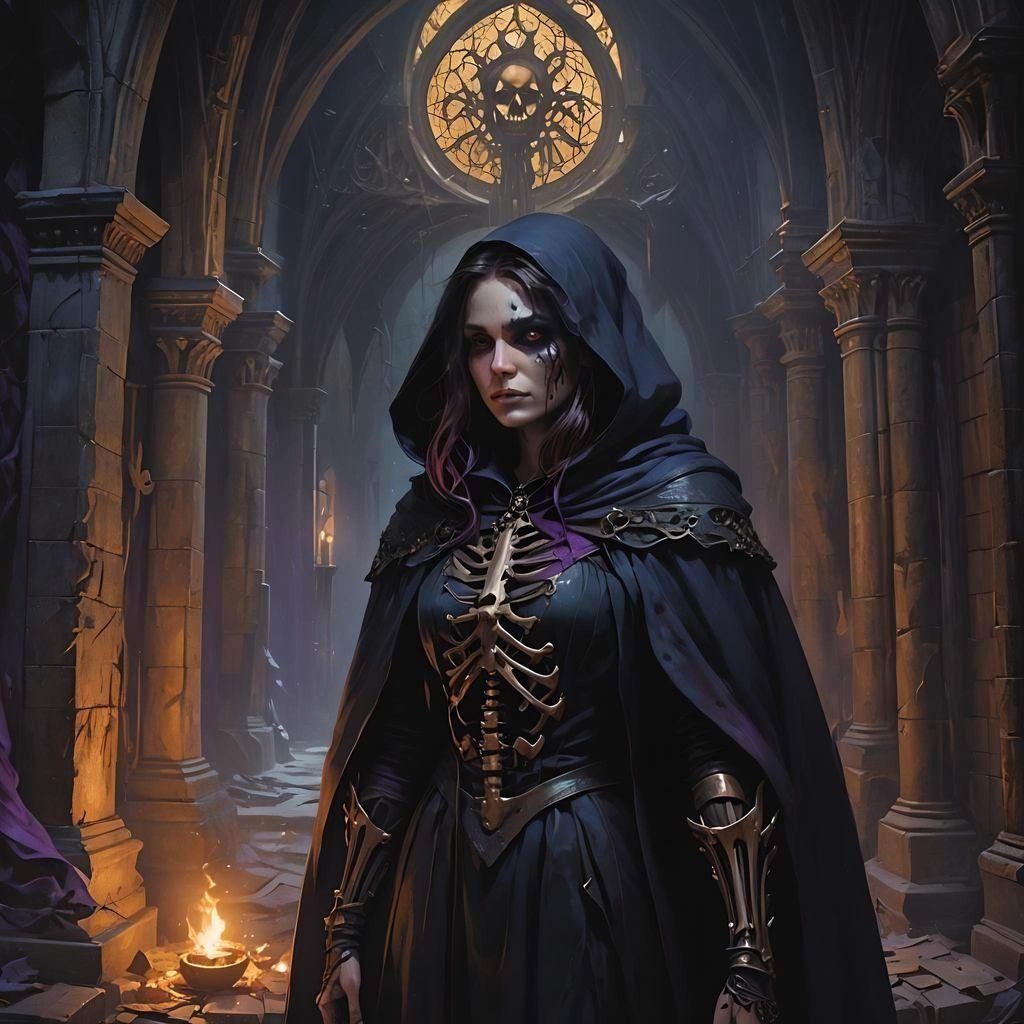 Young Witch: Half Woman, Half Skeleton in Dark Cloak