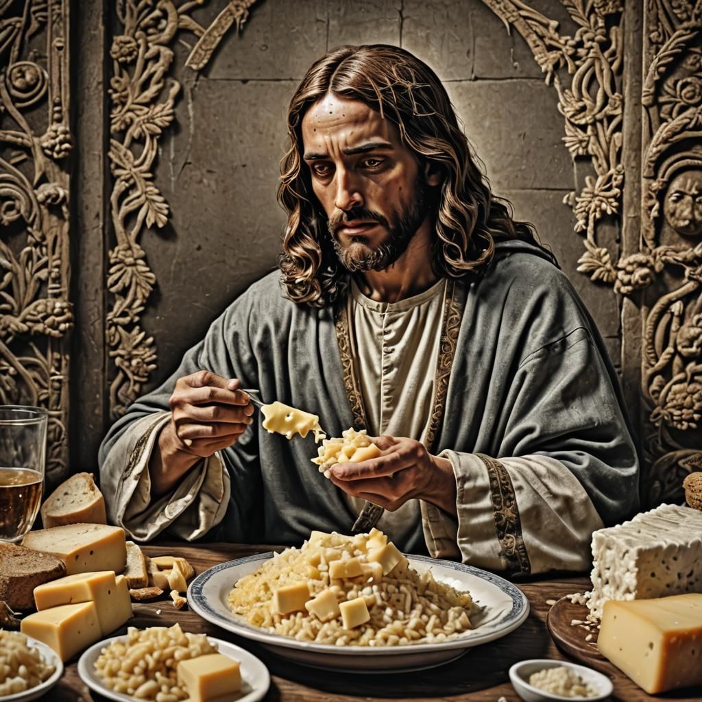 Hyperrealistic Jesus Christ Eating Cheese and Rice