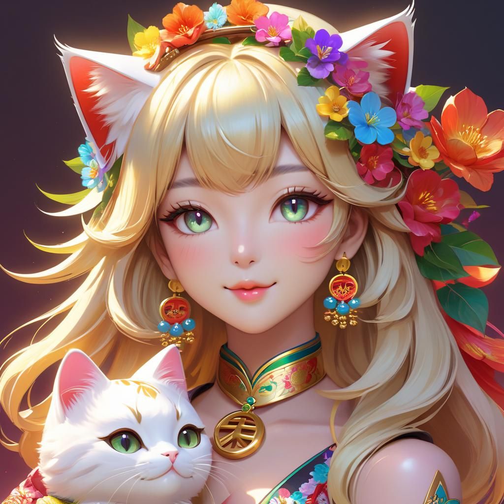 Colorful Maneki Neko Portrait with Flower Crown