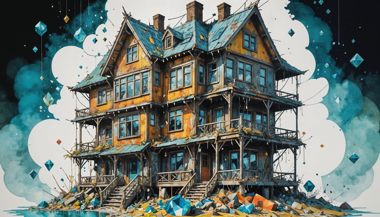 Disintegrating House Adorned with Gems in Gouache Watercolor...