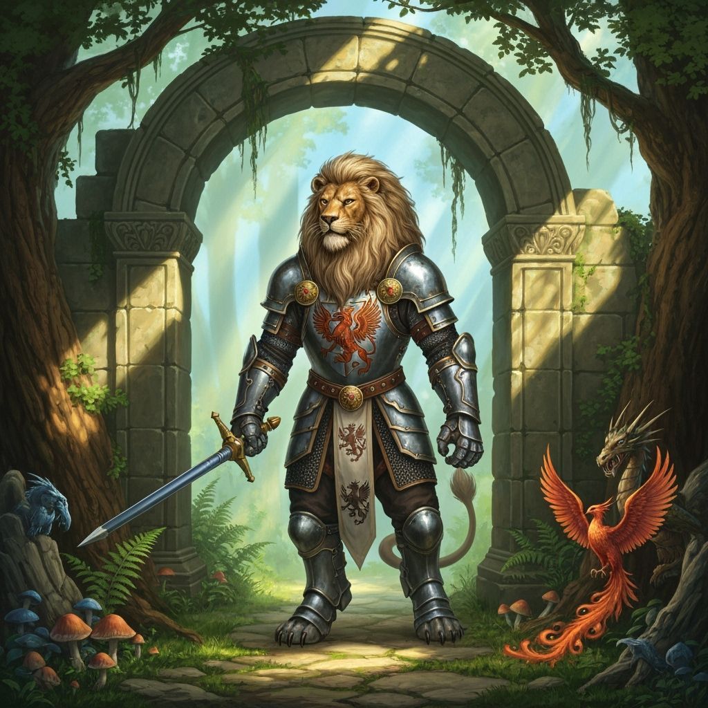 Lion Knight Guards Ancient Archway in Fantasy Art Style