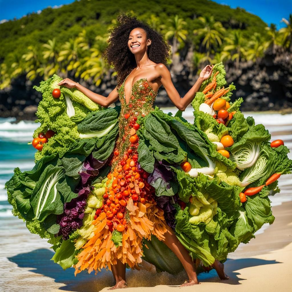 Vegetable Dress on Tropical Beach, Surreal Illustration