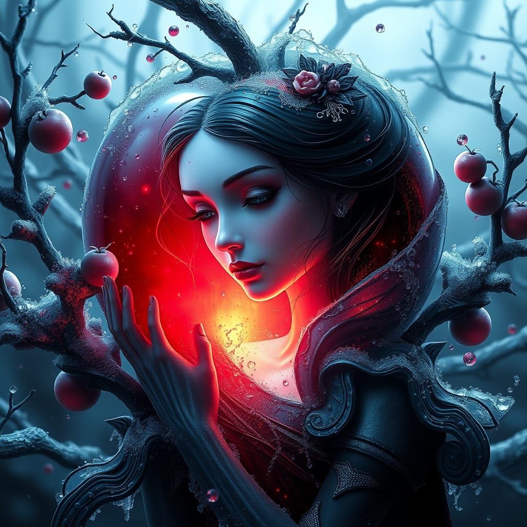 Ethereal Snow White in a Glass Apple, Dark Fantasy Concept A...
