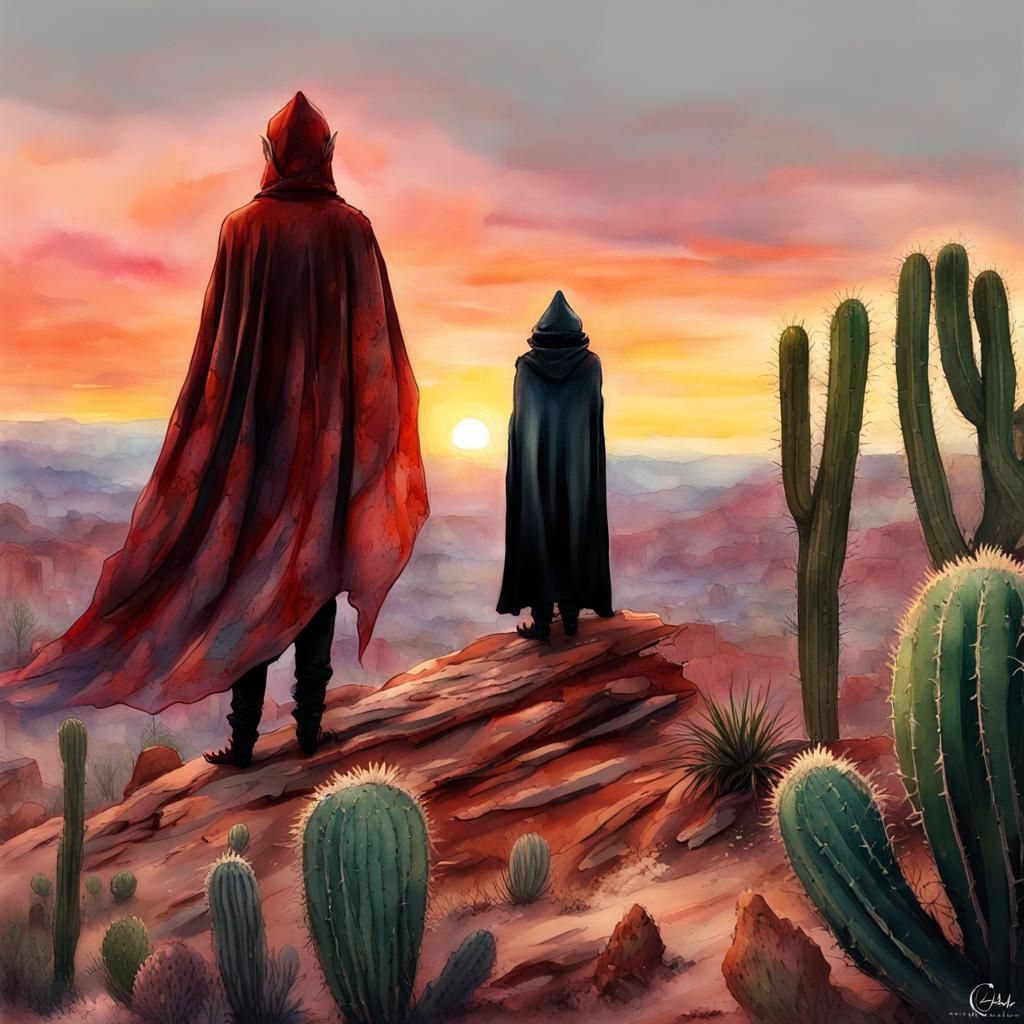 Canyon Sunrise with Elf in Watercolor Style