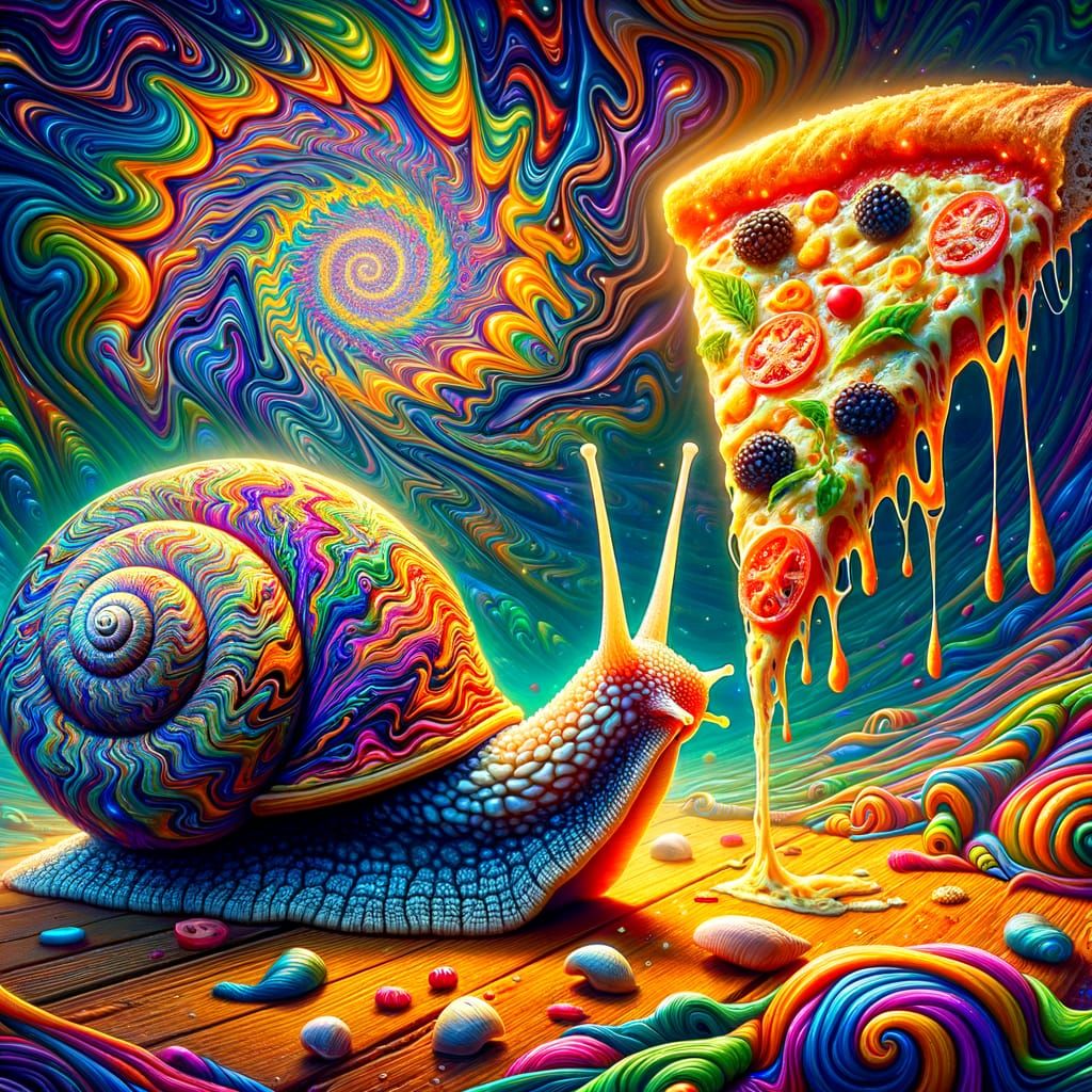 Psychedelic Snail Craves Pizza in a Colorful World