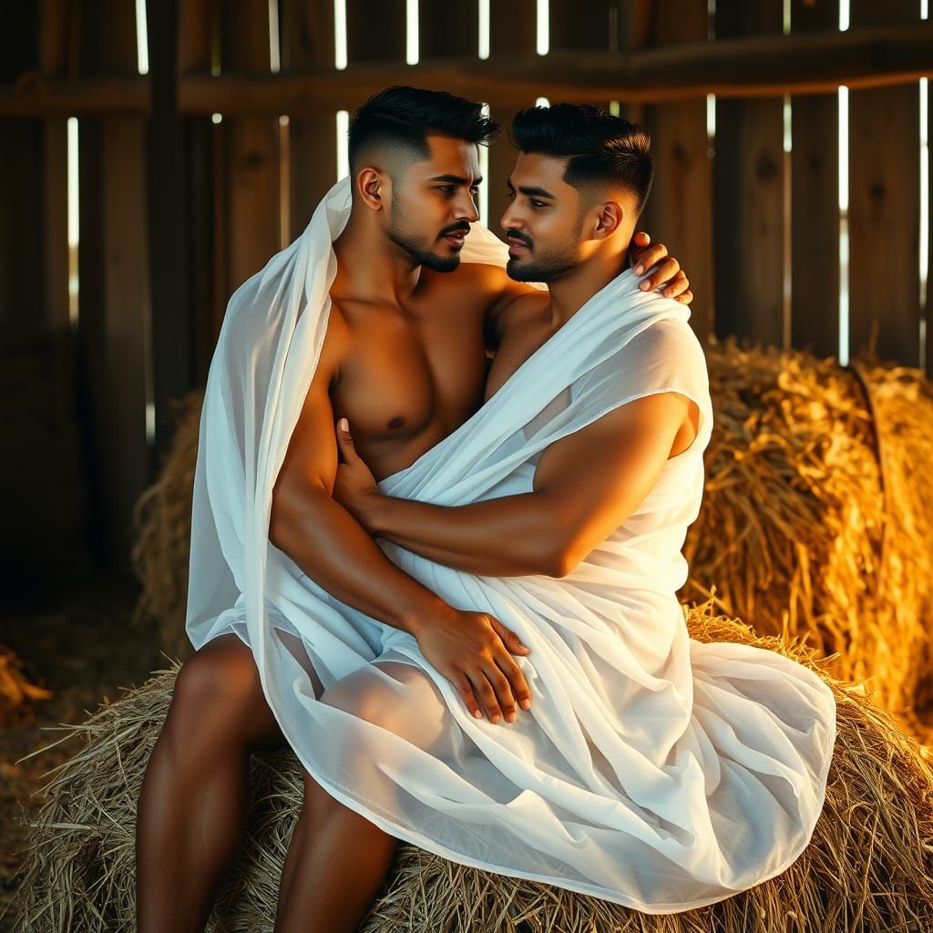 Two Indian Men Embrace in Dreamy Art Nouveau Style