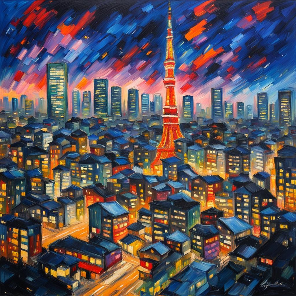 Tokyo Night Cityscape Impasto Acrylic Painting