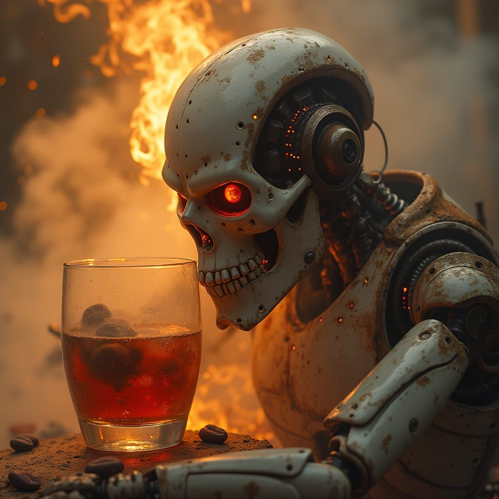 Cyberpunk War-Torn Landscape with Burning Clouds