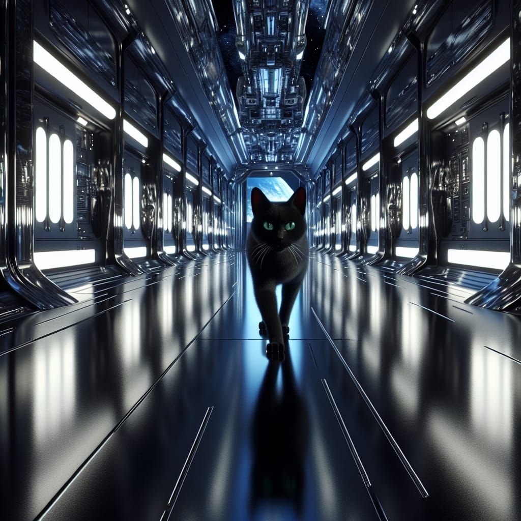 Black Cat Navigates Futuristic Space Station Corridor