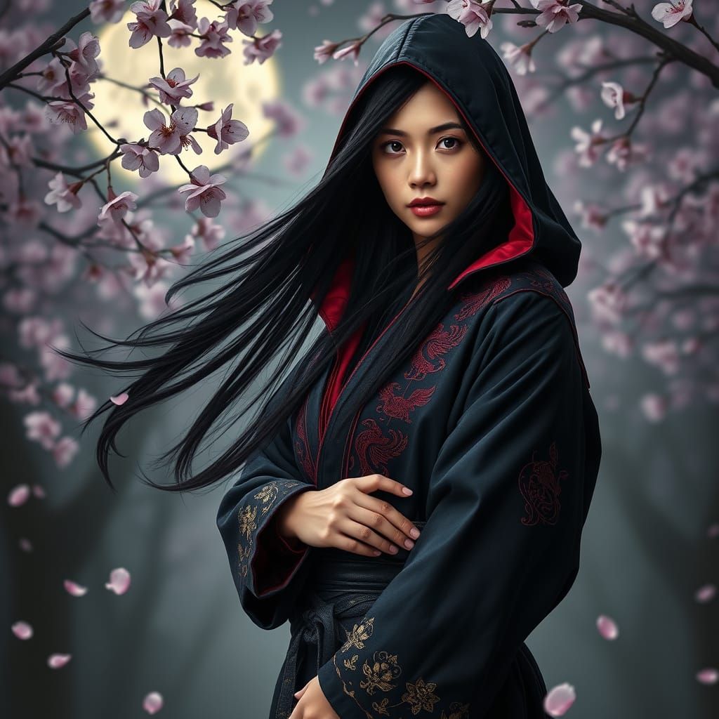 Latina Woman in Crimson Robe Under Cherry Blossoms