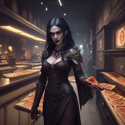 Female Vampire Orders Pizza: Detailed Matte Painting