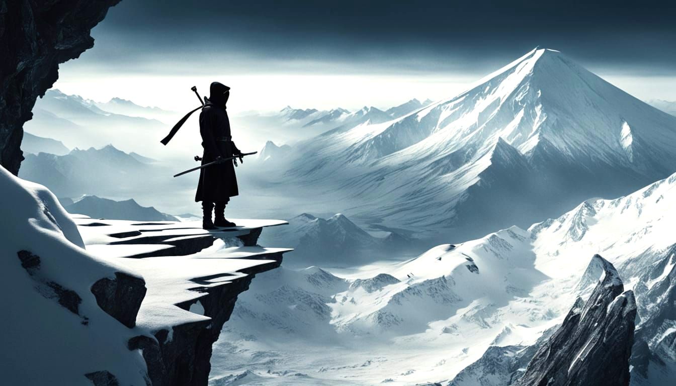 Ninja Watches Mountain Vista in Cyberpunk Surrealism