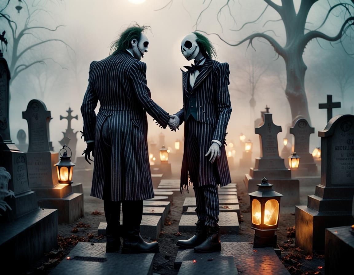 Beetlejuice Shaking hands with Jack Skullington in a cemetery