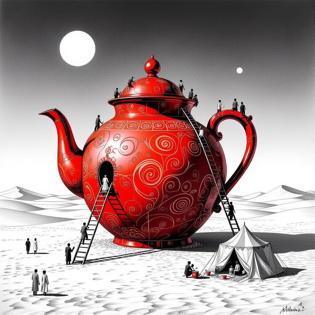 Klimt-Inspired Teapot in Vast Desert Surreal Drawing
