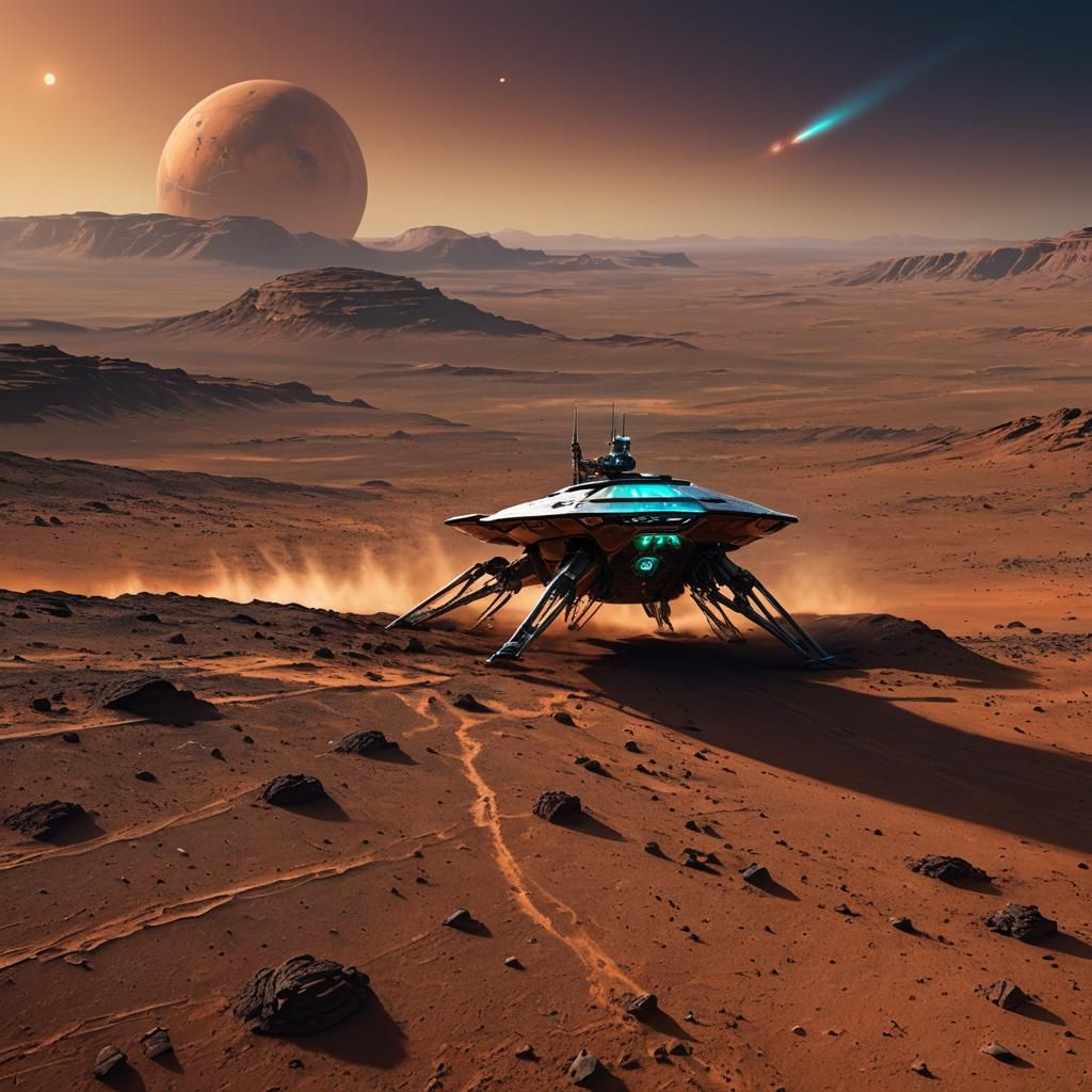 Futuristic Alien Spaceship Over Mars at Sunset