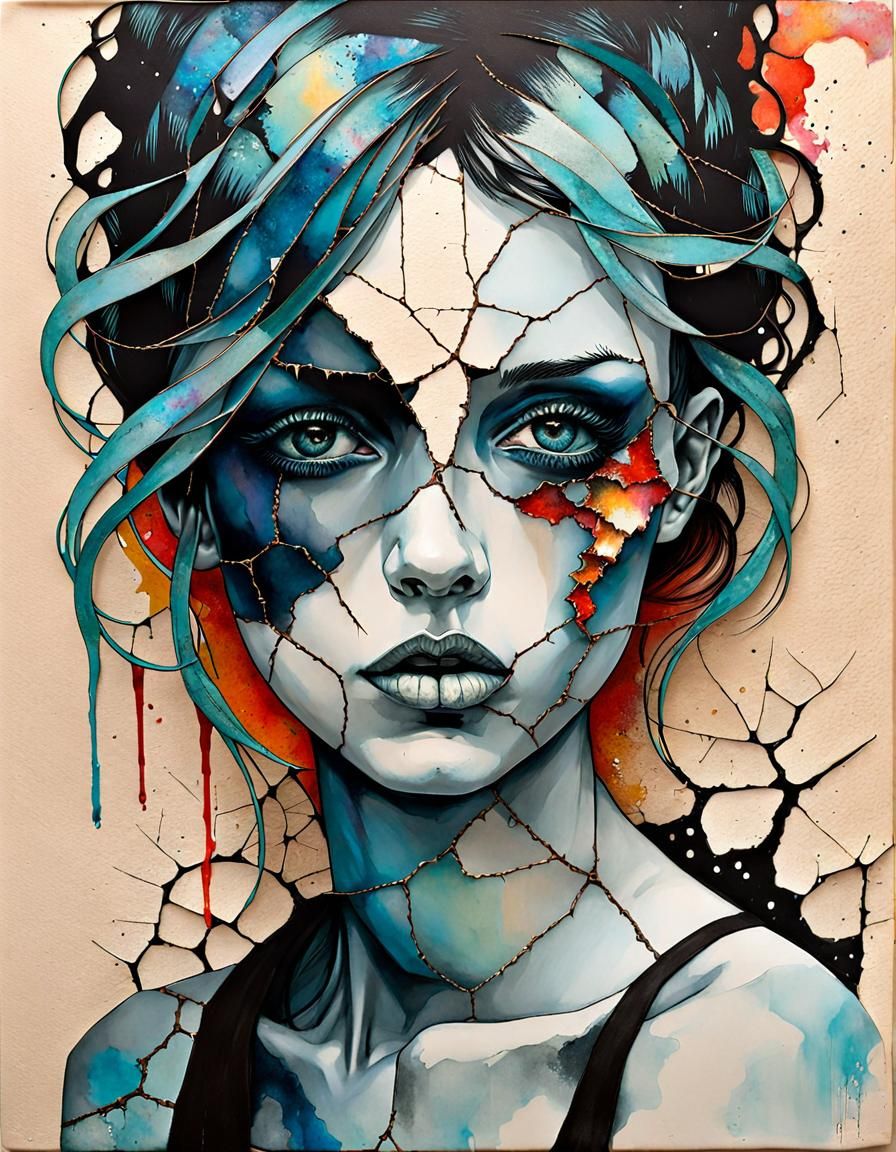 Cracked Porcelain Face Portrait in Heavy Metal Style