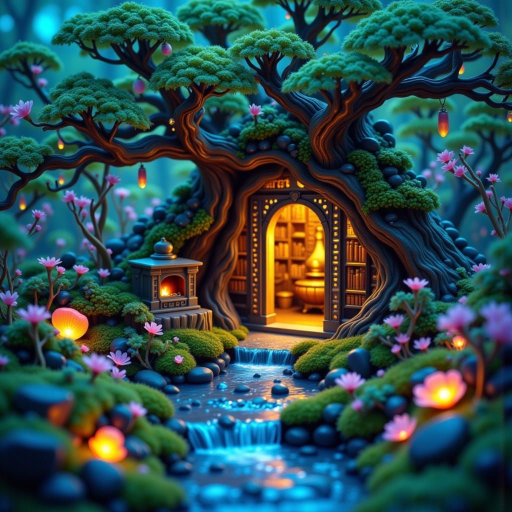 Bioluminescent Library in Bonsai Tree: Dreamlike Ambiance